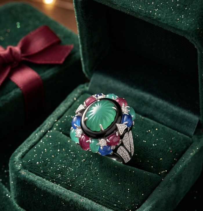 Iconic design - Natural 41.5 carat carved Emerald Ruby Sapphire rhodium over .925 Sterling Silver handcrafted ring size 7 1/4 - Luxury ring in green velvet box, featuring carved emerald and gemstones