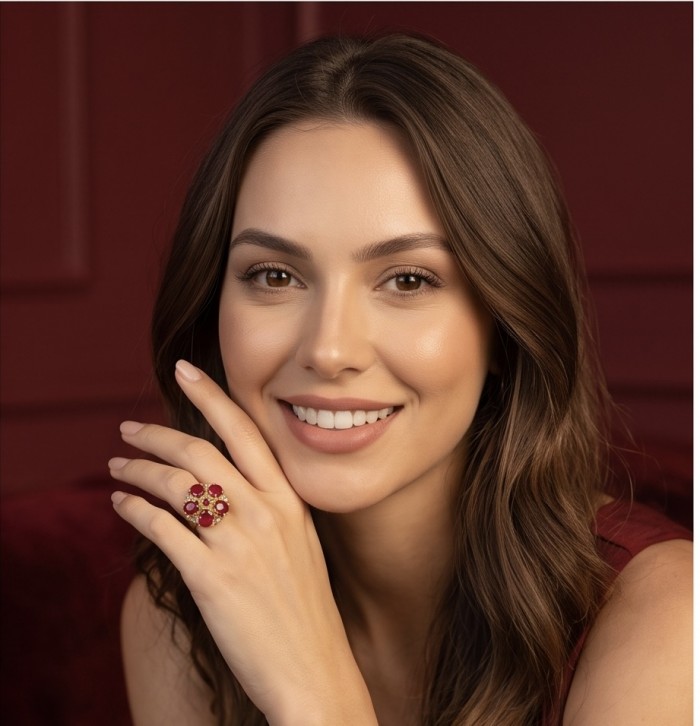Blooming Garden Genuine 24.5 carat Kashmir Ruby .925 Sterling Silver dipped in 22K Gold Large Statement Ring size 6 3/4 - Woman wearing Blooming Garden Kashmir Ruby ring on hand.