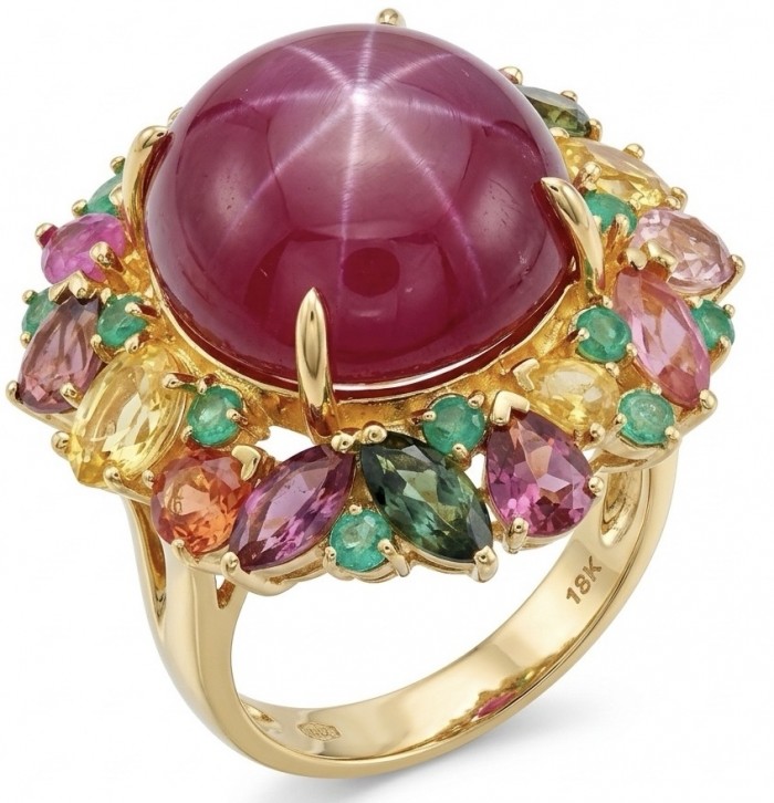 King of Gems Genuine 24.5 CARAT Mozambique Star Ruby 22K Gold over .925 Sterling Silver Large Statement Ring size 7 1/4 - Close-up of King of Gems ring featuring 24.5 carat Mozambique ruby.