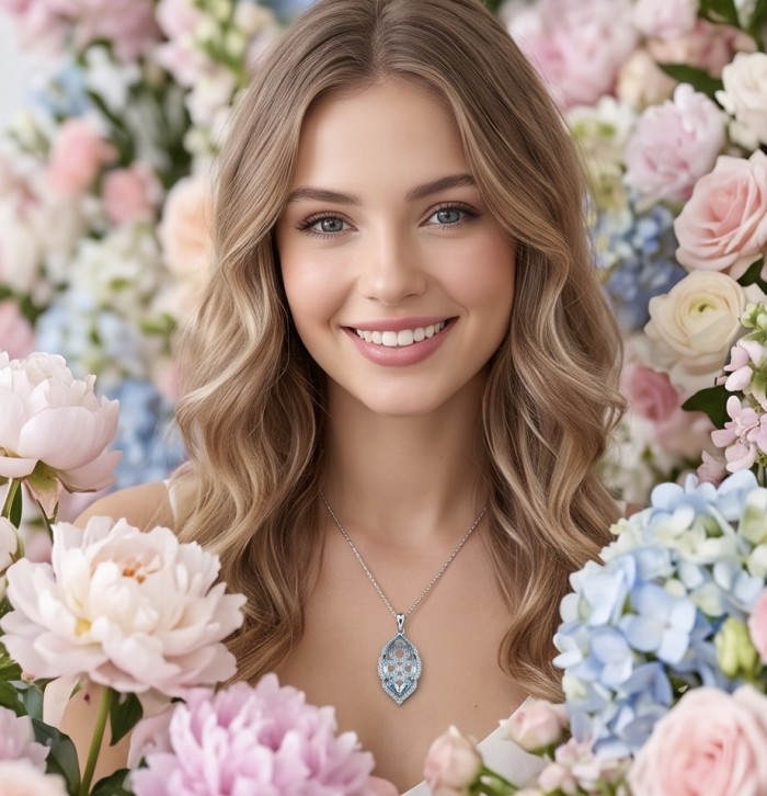 11.7 carat Grandidierite .925 Sterling Silver Handcrafted .925 Sterling Silver handmade Pendant - Woman wearing Grandidierite pendant among colorful flowers.