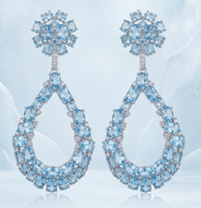 Serenity 14.5 carat genuine Swiss Blue Topaz .925 Sterling Silver handmade Statement Handcrafted earrings - Front view of Serenity Swiss Blue Topaz Sterling Silver earrings
