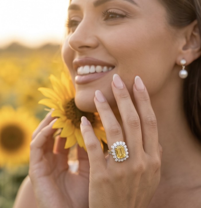 Wearable Art - Art Deco - Solid baquette cut 25.8 carat Genuine Yellow Sapphire 18K Gold over .925 Sterling Silver handcrafted ring size 6 - Close-up of Art Deco ring with yellow gemstone, worn on hand.