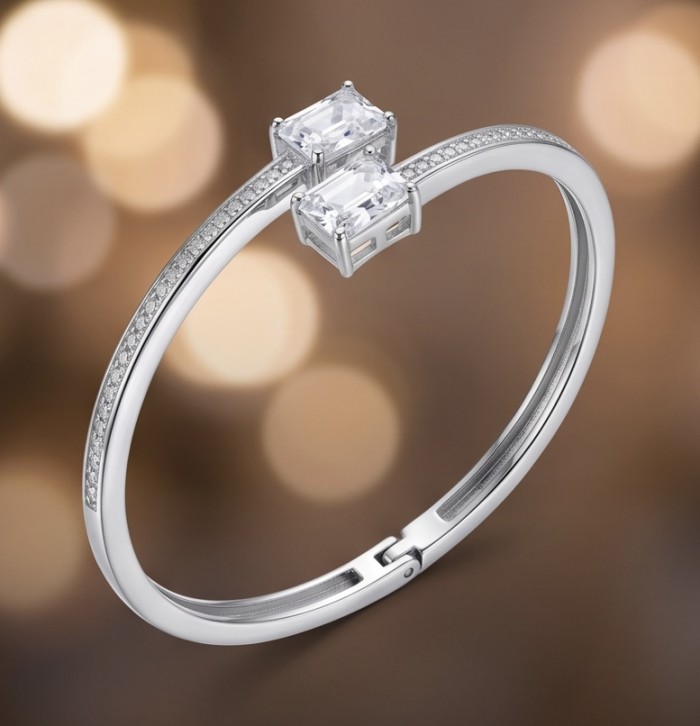 Precious Light Natural 12.2 carat Moissonite .925 Sterling Silver dipped in rhodium bracelet - Side view of bracelet with moissanite stones and pavé detailing.