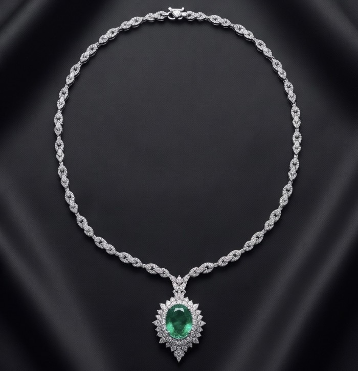 Precious 15.2 carat natural Colombian Emerald rhodium over .925 Sterling Silver .925 Sterling Silver Statement Necklace - Luxurious emerald necklace with diamonds on a black background, top view.