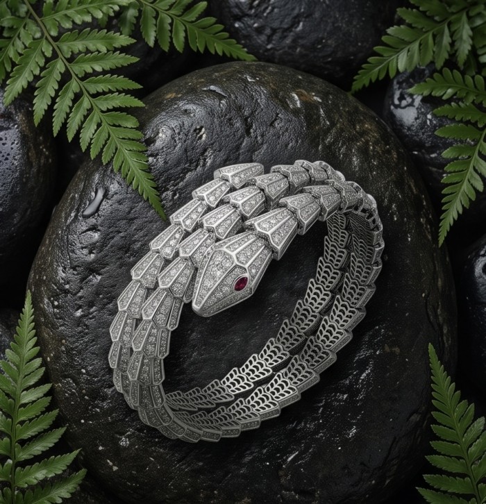 SERPENTINE Precious Snake Genuine 22.2 Moissanite 925 Sterling Silver handcrafted Bracelet - Top view of snake-shaped bracelet with moissanite on rocks and ferns.