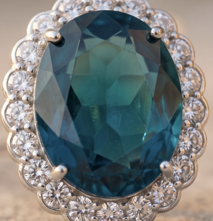 Large 51.5 carat Vintage style Brazilian Aquamarine .925 Sterling Silver DIPPED IN RHODIUM handmade Pendant - Stone close-up of large 51.5 carat Brazilian Aquamarine ring