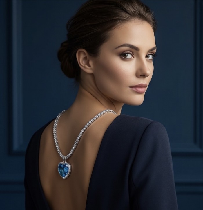 Titanic - Heart of The Ocean Necklace ~ 33.5 Ct Blue Sapphire Necklace In 925 Sterling Silver necklace - Side view with woman wearing Titanic Heart of the Ocean necklace