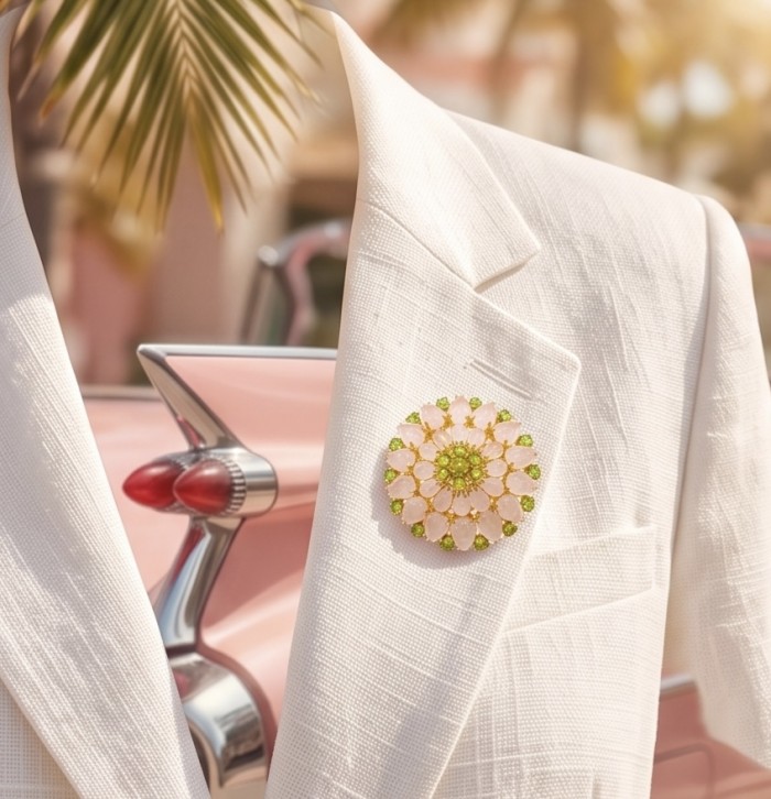 Vintage Floral design genuine 48.5 carat Brazilian Rose Quartz 18k Gold over .925 Sterling Silver handmade Pendant - Brooch - White jacket with vintage floral brooch, classic car in background