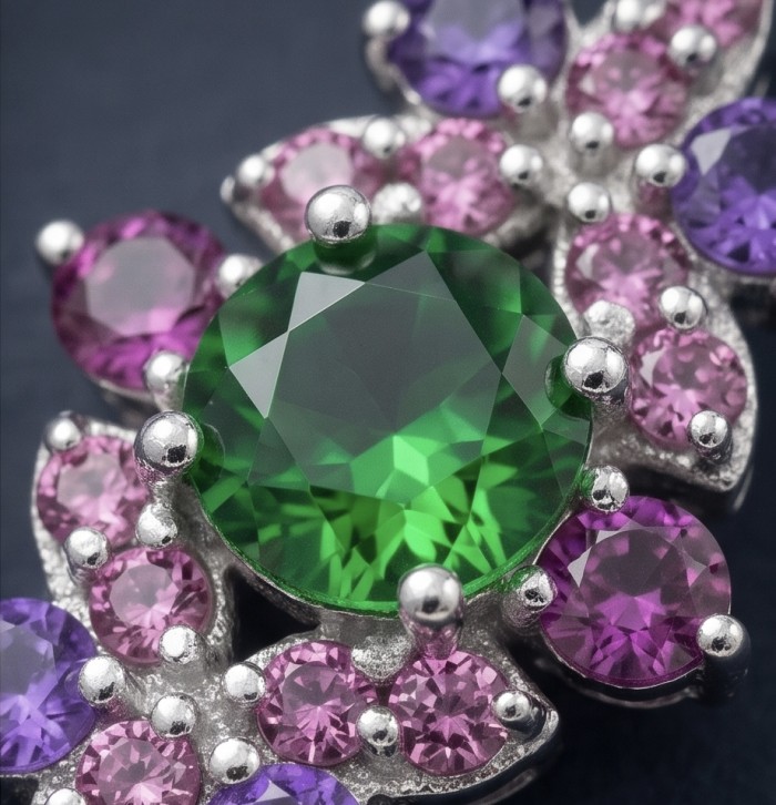 Royalty oval cut 3.2 carat Tsavorite Garnet .925 Sterling Silver entirely handmade earrings - Close-up of Royalty 3.2 carat Tsavorite Garnet with pink and purple stones.