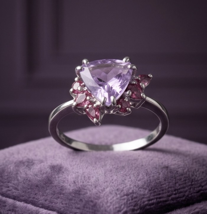 3.9 carat Amethyst rhodium over .925 Sterling Silver HUGE Ring s. 8 3/4 - Triangular amethyst ring on purple display, front view.
