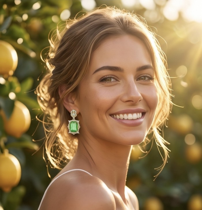 Green Cascade - 12.5 carat Green Topaz 14K Gold over .925 Sterling Silver handmade Statement earrings - Woman wearing Green Cascade green topaz earrings in a sunny garden.