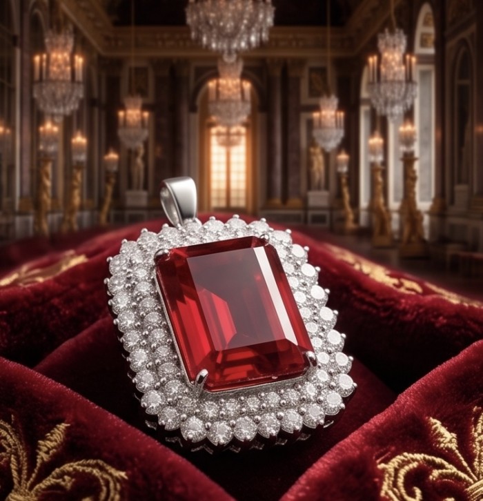 Rare finding! Deluxe 51.2 carat authentic emerald cut Kashmir Ruby rhodium over .925 Sterling Silver handmade Statement Pendant - Close-up of emerald-cut red pendant surrounded by diamonds.