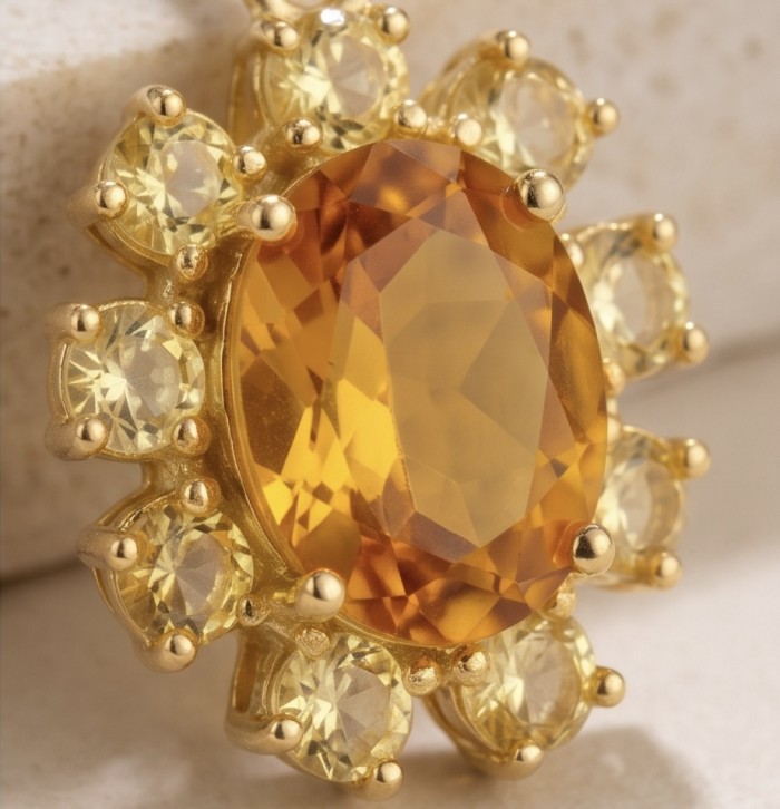 Giovanna - Authentic 4.4 carat Brazilian Citrine .925 Sterling Silver dipped in 22K Gold handcrafted earrings - Close-up of Giovanna ring with Brazilian Citrine and .925 sterling silver.