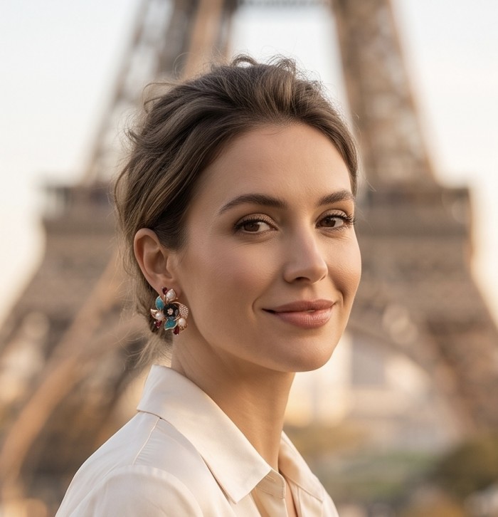 Masterpiece Authentic Pearl Enamel 18K Rose Gold over .925 Sterling Silver handcrafted earrings - Woman wearing Masterpiece earrings with Eiffel Tower backdrop