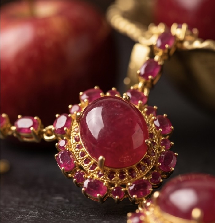 RARE BEAUTY Valentina 88.2 carat Mozambique Ruby 22K Gold .925 Sterling Silver Statement Necklace - Close-up of RARE BEAUTY Valentina Mozambique Ruby in 22K Gold