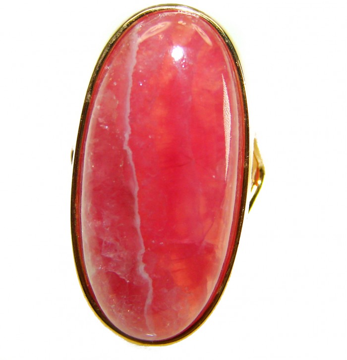 Large top quaity Argentinian Rhodochrosite 18K Gold over .925 Sterling Silver handmade ring size 7 1/2 - Close-up of an Argentinian Rhodochrosite ring in 18K gold.