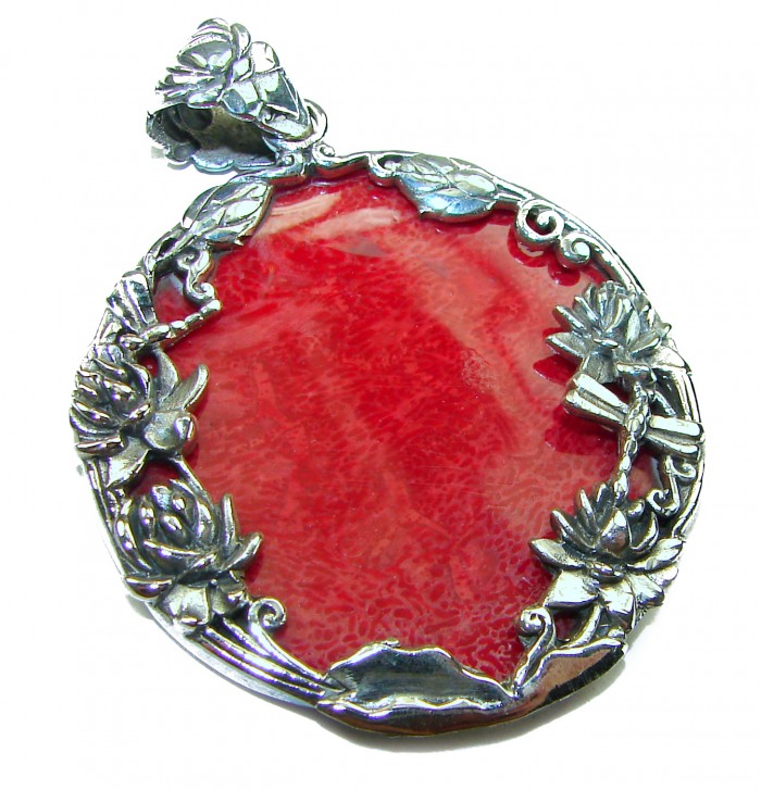 Enchanted Rose garden Authentic Coral .925 Sterling Silver handmade pendant - Close-up of floral-embellished coral pendant in sterling silver setting.