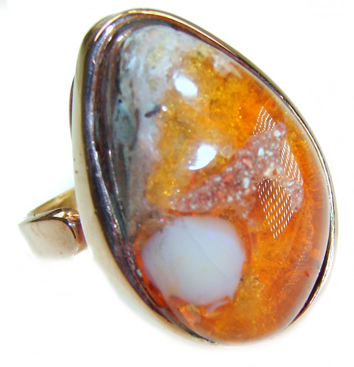 Queen of Fire best quality 29.4 carat Mexican Opal 18k Rose Gold over .925 Sterling Silver handmade ring 8 adjustable - Close-up of Mexican Opal ring in 18k rose gold setting.
