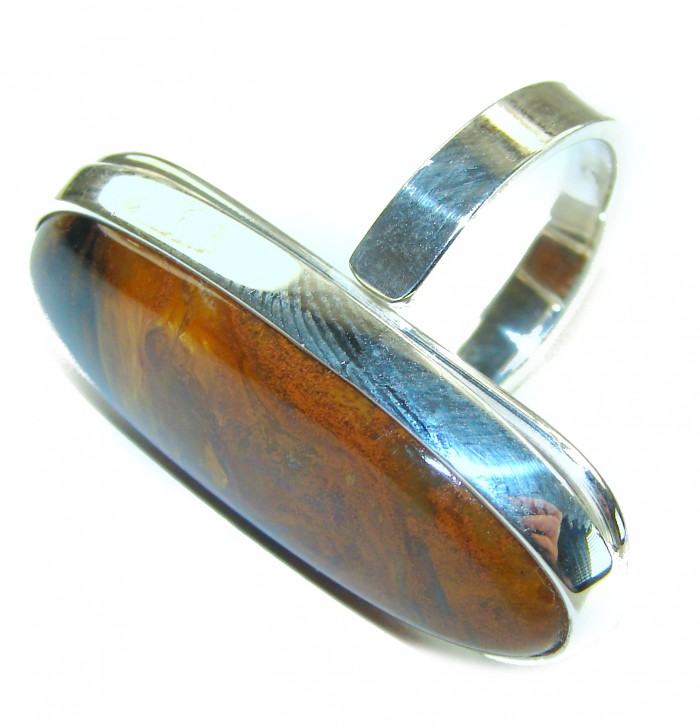Large 22.5 carat Silky Golden Pietersite .925 Sterling Silver handmade Ring size 8 adjustable - Side view of large 22.5 carat Pietersite set in .925 sterling silver ring