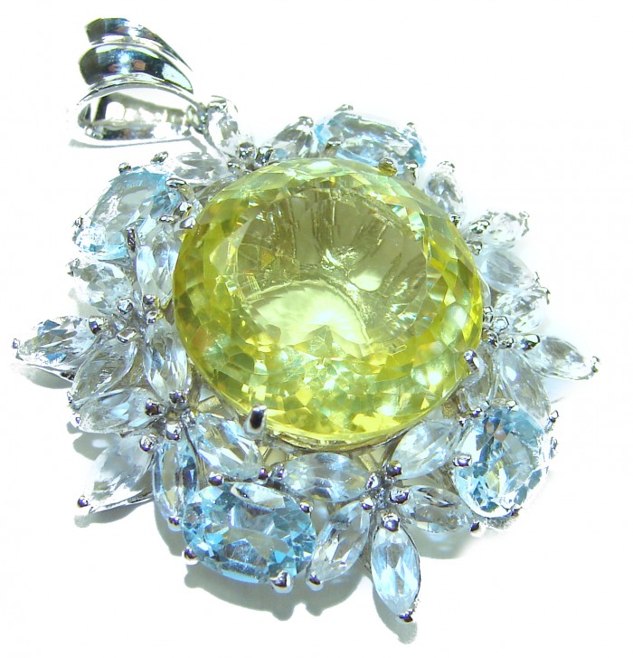 Costa del Sol 21.1 carat Lemon Quartz Aquamarine rhodium over .925 Sterling Silver handcrafted pendant - Close-up of Costa del Sol Lemon Quartz Aquamarine pendant.
