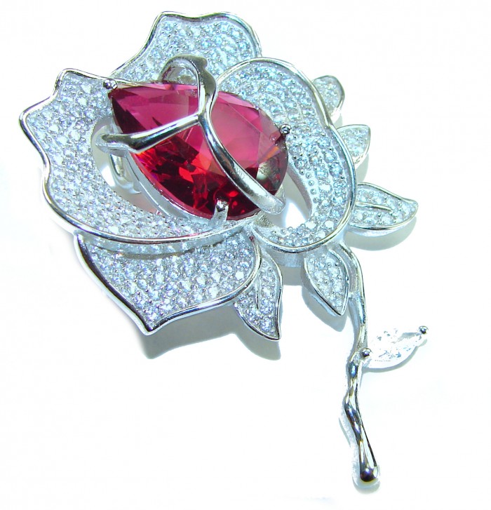 Retro Style - Precious Rose Genuine 18.5 carat Ruby .925 Sterling Silver handmade Pendant - Brooch - Close-up of Retro Style Precious Rose Ruby .925 brooch.