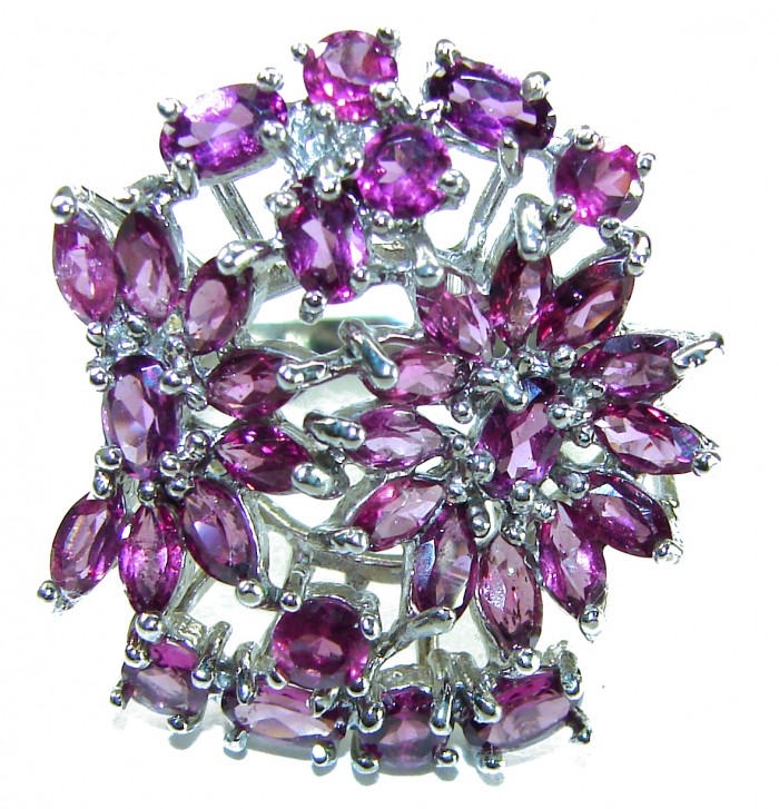 Rose Garden 10.5 carat .925 Sterling Silver handcrafted ring; s. 9 - Close-up of Rose Garden sterling silver ring with purple gemstones.
