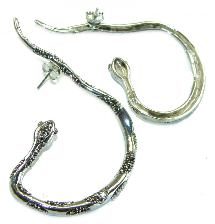 Large Snakes Ruby Marcasite .925 Sterling Silver wrap Earrings - Snake-shaped sterling silver earrings, side view with detail.