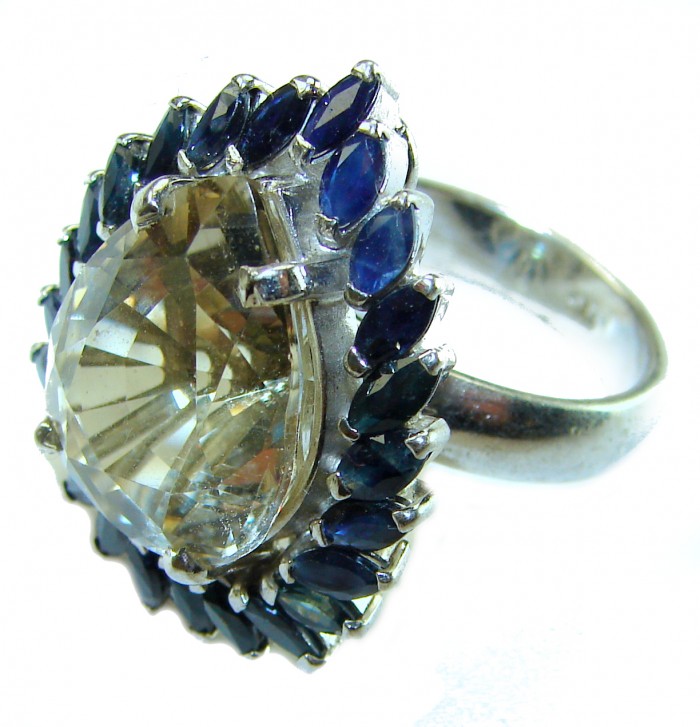 Golden Royalty 22.5 carat Citrine Sapphire .925 Sterling Silver Handcrafted Huge Ring size 8 - Citrine and sapphire ring in sterling silver, side view close-up.