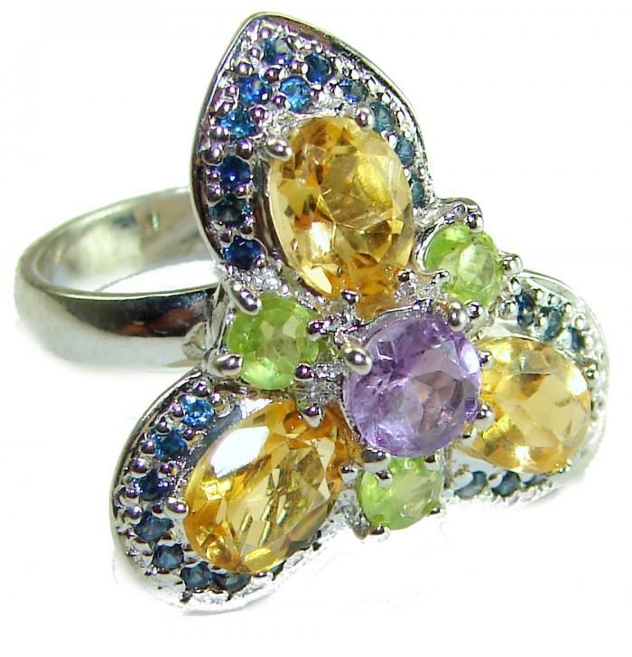 Golden Treasure 6.5 carat Citrine .925 Sterling Silver Handcrafted Ring size 7 - Side view of multicolored gemstone cluster ring in .925 sterling silver