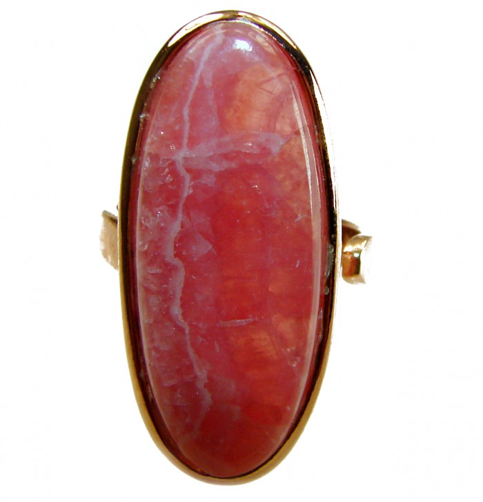 Large top quaity Argentinian Rhodochrosite 18K Gold over .925 Sterling Silver handmade ring size 8 ADJUSTABLE - Close-up of large Argentinian Rhodochrosite ring with 18K gold setting.