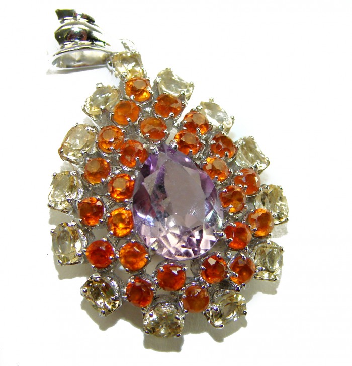 Tiffany - 15.5 carat Pink Amethyst rhodium over .925 Silver handcrafted Statement Pendant - Close-up of amethyst and gemstone pendant in rhodium over silver.
