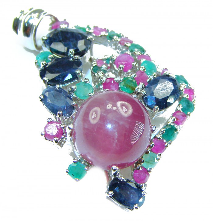 Francesca - authentic Ruby Emerald Sapphire .925 Sterling Silver handcrafted Pendant - Close-up of Francesca Ruby Emerald Sapphire pendant on white background