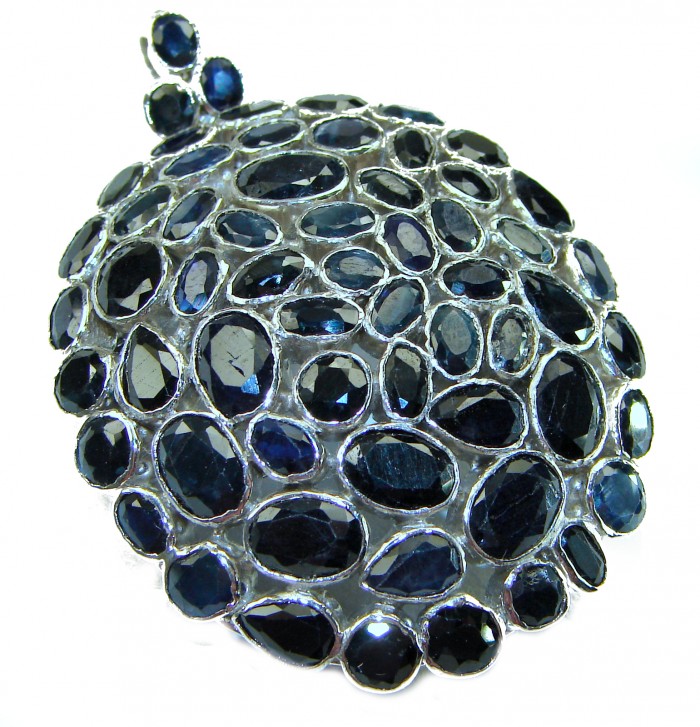 Vintage Design - 35.2 carat deep blue Sapphire .925 Sterling Silver handcrafted PENDANT and Brooch - Close-up of vintage sapphire brooch with sterling silver setting.