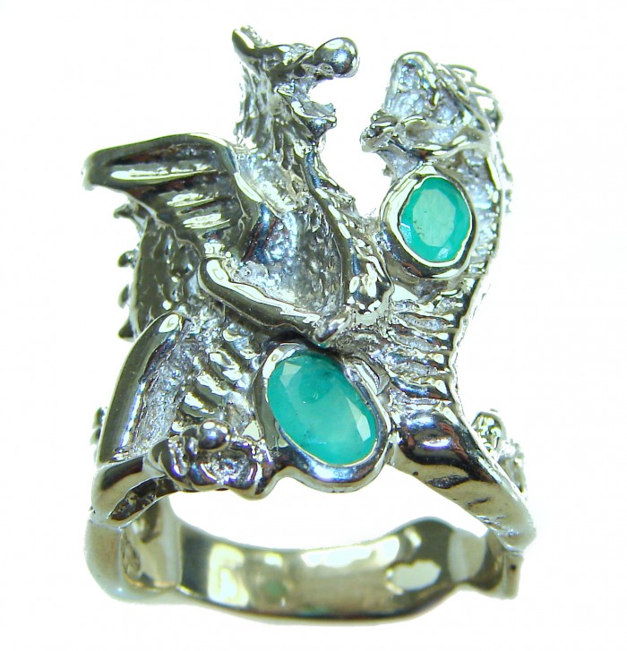 Two fighting dragons 4.8 carat Emerald .925 Sterling Silver handmade Statement Ring size 7 1/4 - Two fighting dragons emerald ring, front view