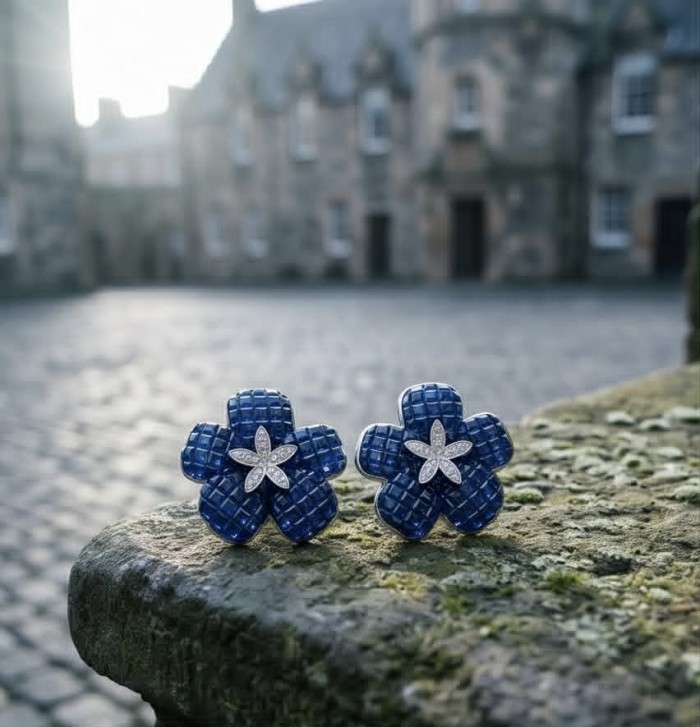 Born to Glam floral-inspired authentic 25.5 carat Sapphire .925 Sterling Silver handcrafted earrings - Floral sapphire earrings in stone courtyard, front view.