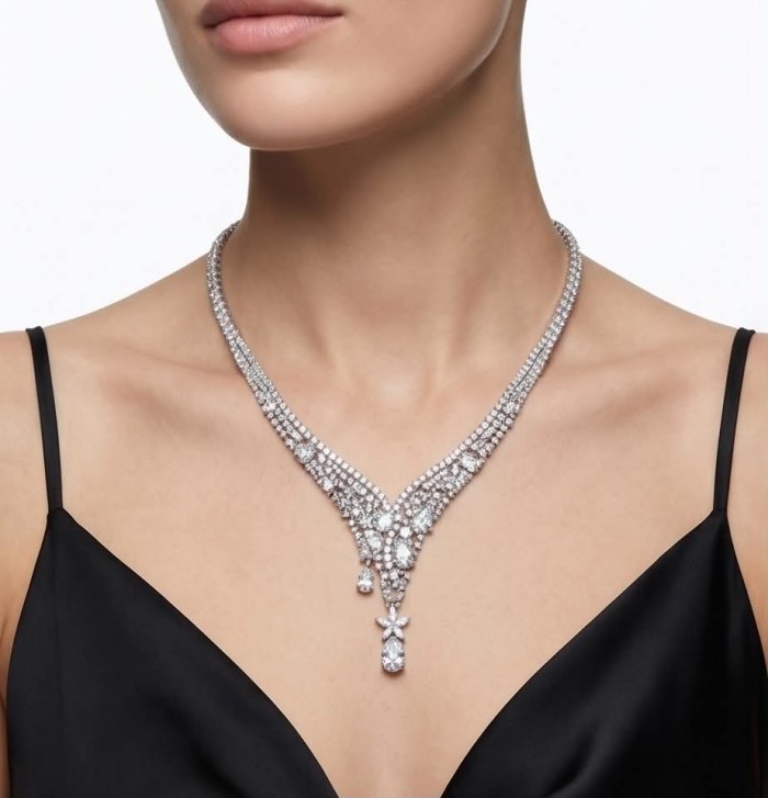 Veronica - Precious 35.5 carta White Topaz rhodium over .925 Sterling Silver .925 Sterling Silver Statement Necklace - Model wearing Veronica - White Topaz necklace, front view.