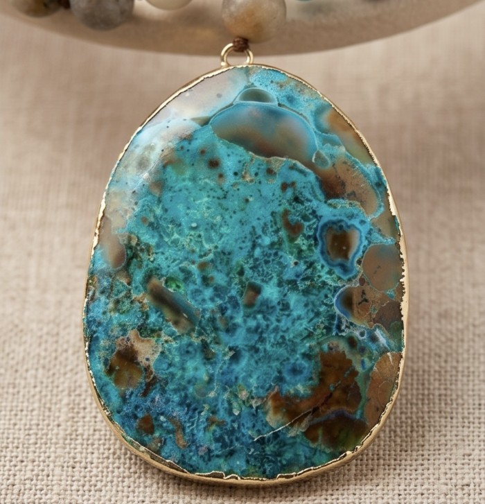 Bochemian style Moss Agate .925 Sterling Silver handcrafted Statement necklace - Stone close-up of Bohemian style Moss Agate pendant in silver setting.