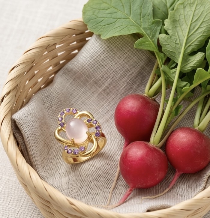 Scarlett 5.5 carat Rose Quartz Amethyst 22K Gold over .925 Sterling Silver handcrafted Statement Ring size 8 - Rose Quartz Amethyst ring in basket with radishes, top view.