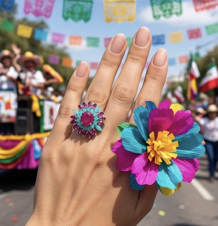 Carmen Natural 12.4 carat Ruby .925 Sterling Silver dipped in rhodium handmade Large Statement Ring size 6 1/2 - Ruby ring on hand at vibrant outdoor festival with colorful decorations.