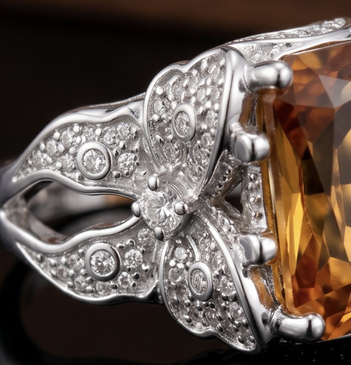 Authentic 10.4 carat Golden Topaz .925 Sterling Silver brilliantly handcrafted Statement Ring size 7 1/2 - Close-up of golden topaz and silver ring with detailed engravings