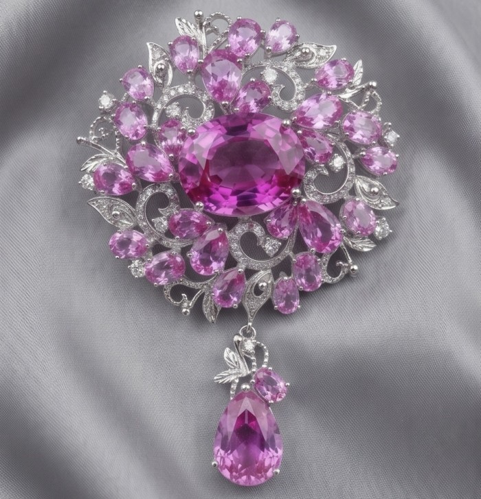 An exuberantly Large 72.7 grams Vintage style Pink Sapphire .925 Sterling Silver handmade LARGE Pendant - Brooch - Pink sapphire brooch, top view, intricate floral design on gray fabric