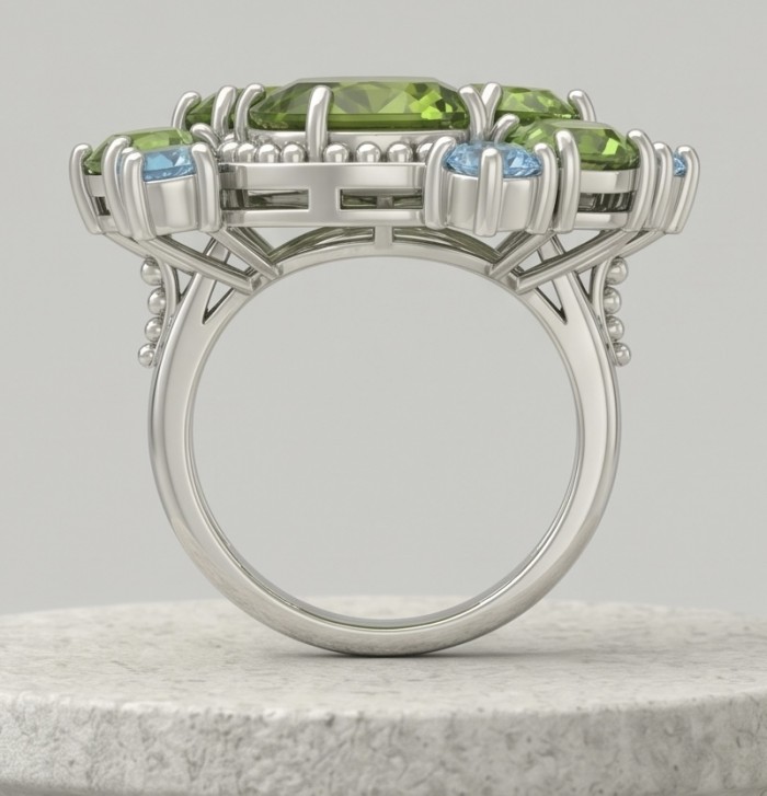 Purity 14.9 carat authentic Himalayan Peridot .925 Sterling Silver Handcrafted Statement Ring size 7 - Side view of Purity 14.9 carat Himalayan Peridot ring in .925 sterling silver