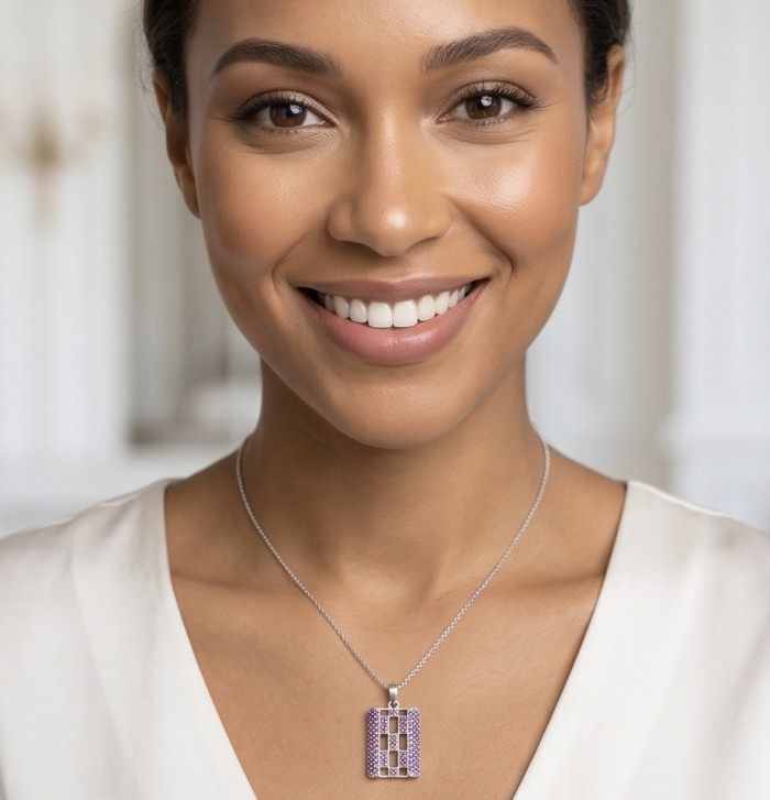 Sofia 14.5 carat Brazilian Amethyst .925 Sterling Silver handmade Pendant - Model wearing Sofia Amethyst pendant on sterling silver necklace