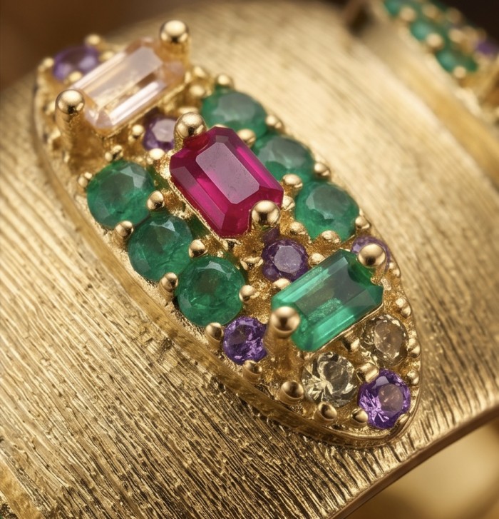 Byzantine design Authentic 4.2 carat 18K Gold over .925 Sterling Silver handcrafted Large Ring s. 8 - Close-up of gemstones in Byzantine design on 18K gold ring.