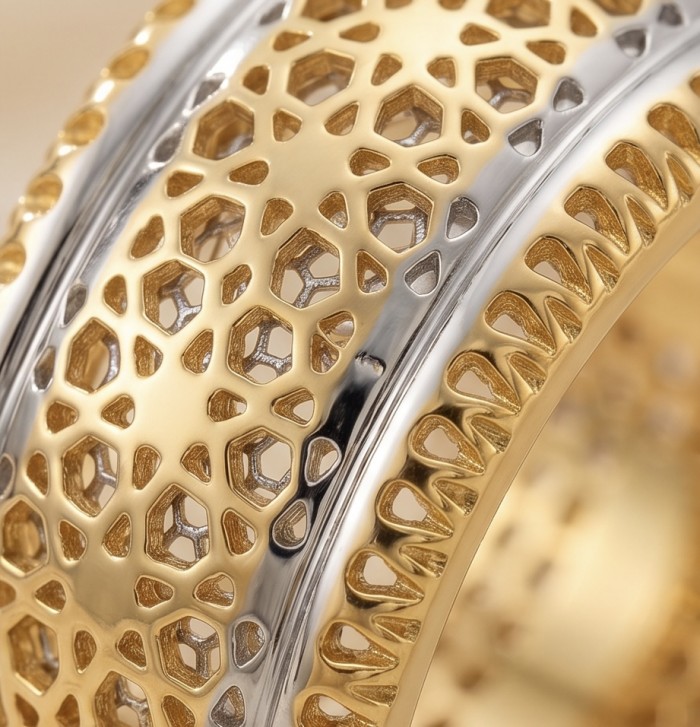 Precious Natural two tones .925 Sterling Silver dipped in 18K Gold ring size 6 - Close-up of two-toned sterling silver ring with intricate pattern.