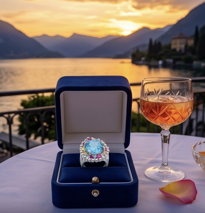 Ocean Blue Natural 22.8 carat Swiss Blue Topaz .925 Sterling Silver dipped in rhodium handmade Large Statement Ring size 8 - Ocean Blue Topaz ring in box, sunset backdrop, table with drink.