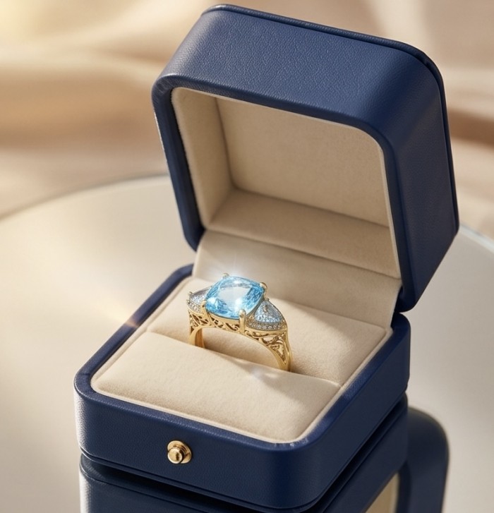 Atlantica 29.4 carat fancy assher cut Swiss Blue Topaz 18K Gold over .925 Sterling Silver handcrafted ring size 7 1/4 - Blue topaz ring in box, front view showcasing the stone and design.