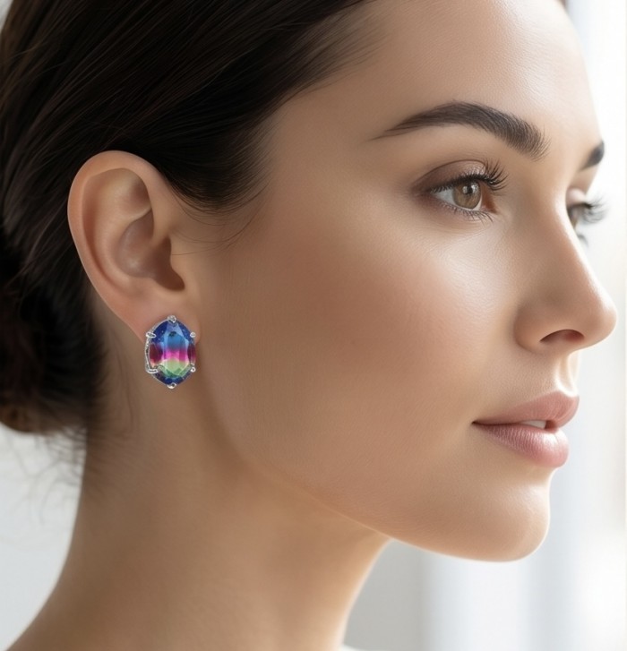 Luxurious authentic 11.2 carat Brazilian Tourmaline .925 Sterling Silver handcrafted earrings - Side view of woman wearing Brazilian Tourmaline earring.