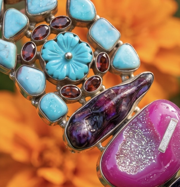 Just Fabulous 88.5 grams Large Pink Titanium Agate Druzy .925 Sterling Silver handcrafted Bracelet - Close-up of colorful gemstone jewelry with agate druzy centerpiece