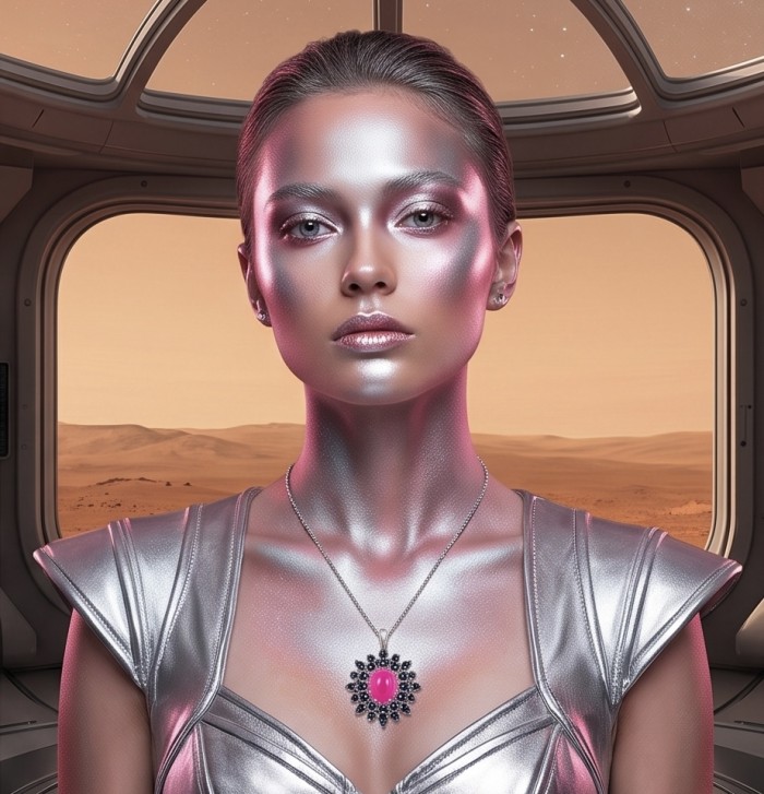New World - authentic 22.5 carat Star Ruby Sapphire rhodium over .925 Sterling Silver handcrafted Pendant - Model wearing New World Star Ruby Sapphire necklace, front view.